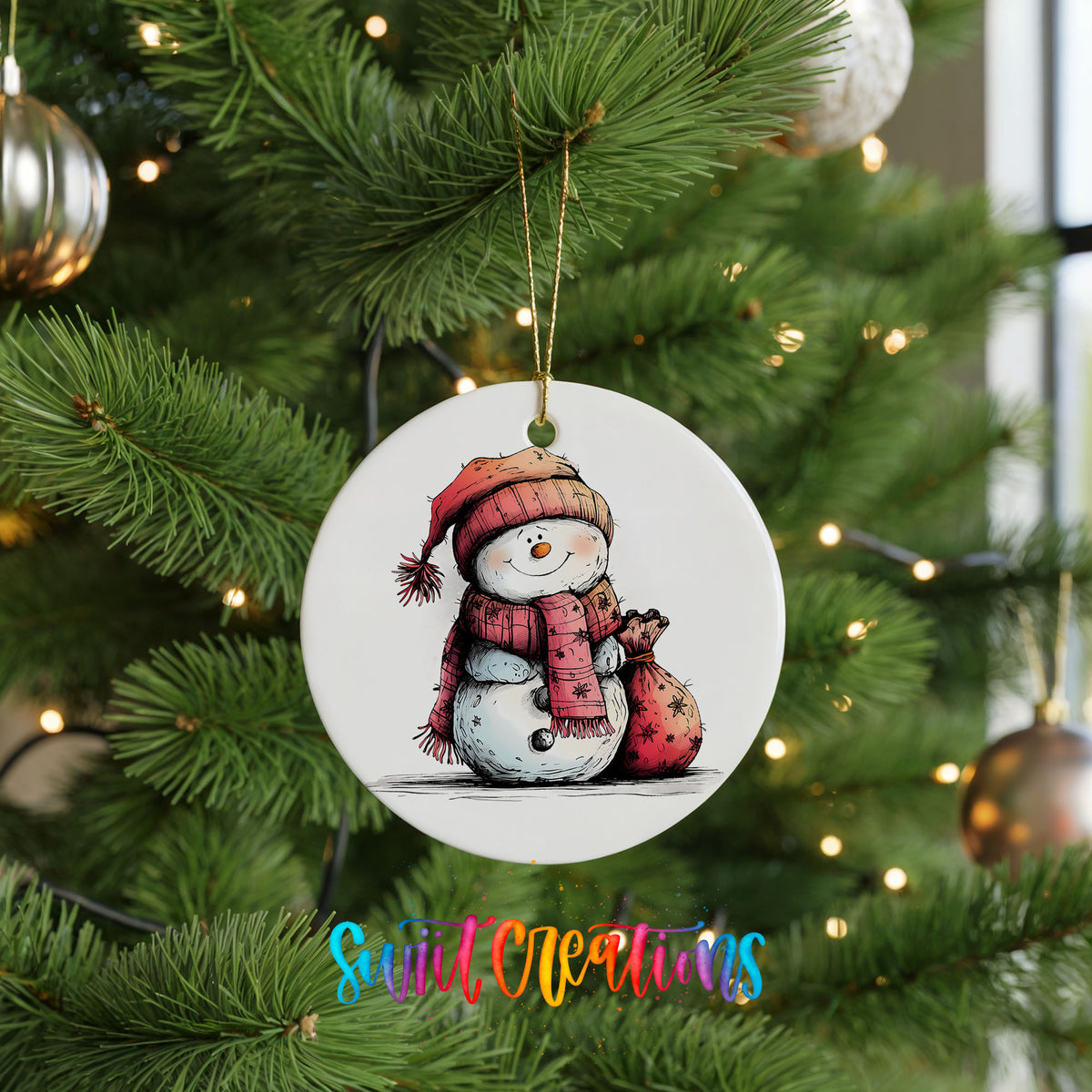 Snowman in Red Scarf with Gift Christmas ornament hanging on a green Christmas tree