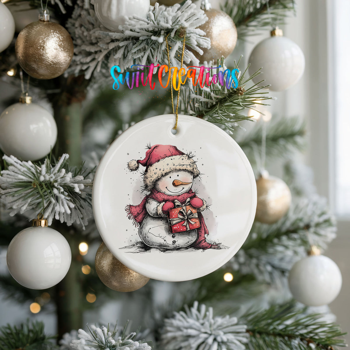 Snowman Holding a Christmas Heart Christmas ornament hanging on a frosted holiday tree