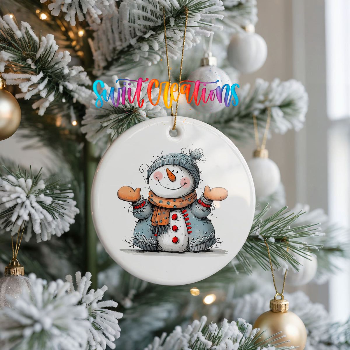 Happy Snowman in Blue Scarf Christmas ornament hanging on a frosted Christmas tree