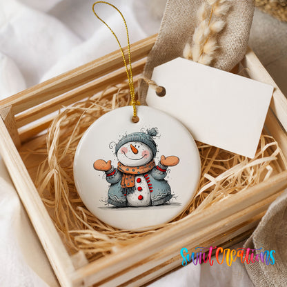Happy Snowman in Blue Scarf Christmas ornament presented in a rustic wooden gift crate