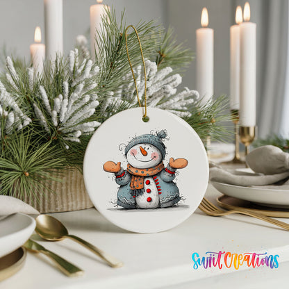 Happy Snowman in Blue Scarf Christmas ornament styled with elegant holiday table decor