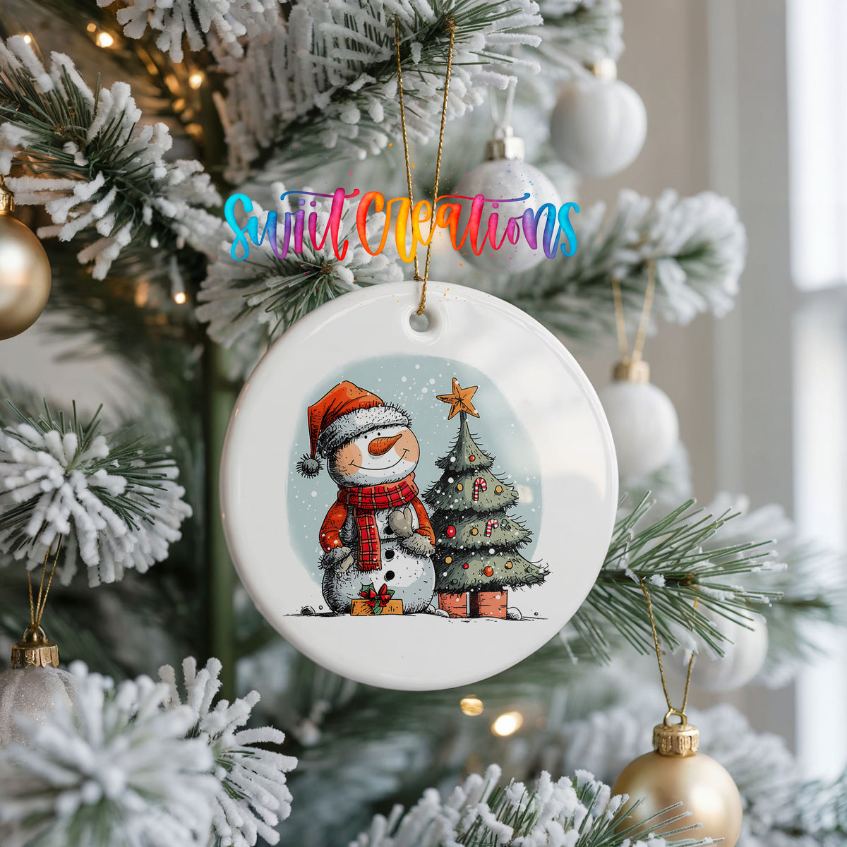 Snowman Beside a Christmas Tree Christmas ornament hanging on a frosted Christmas tree