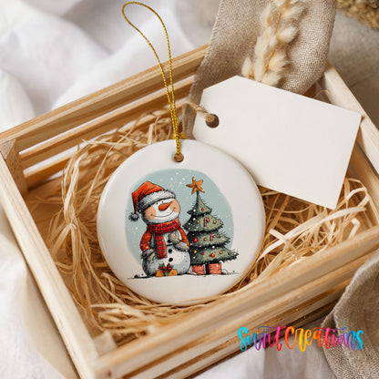 Snowman Beside a Christmas Tree Christmas ornament presented in a rustic wooden gift crate