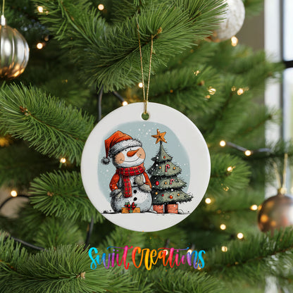 Snowman Beside a Christmas Tree Christmas ornament hanging on a green Christmas tree