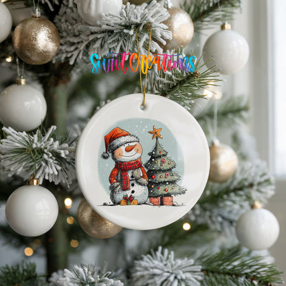 Snowman Beside a Christmas Tree Christmas ornament hanging on a frosted holiday tree