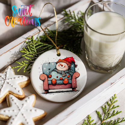 Santa Resting in a Holiday Armchair Christmas ornament styled with cookies and milk