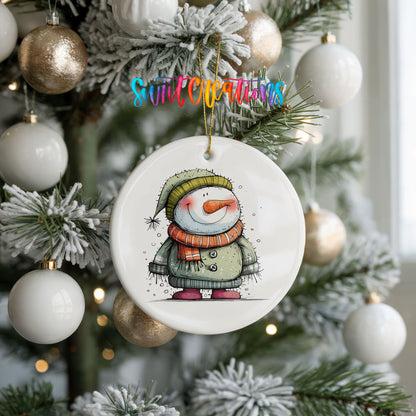 Smiling Snowman in Green Sweater Christmas ornament product photo