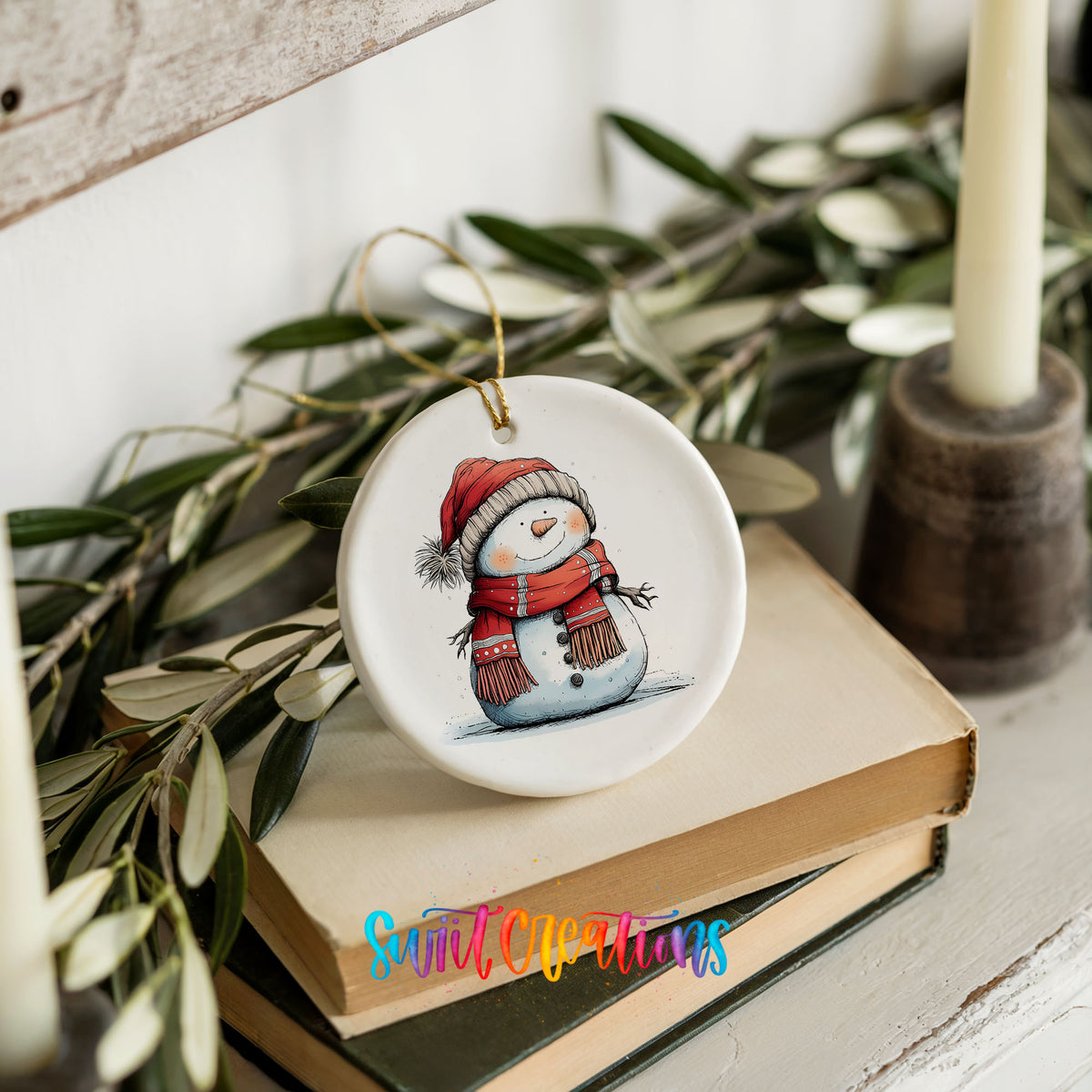 Snowman in Red Hat and Plaid Scarf Christmas ornament product photo