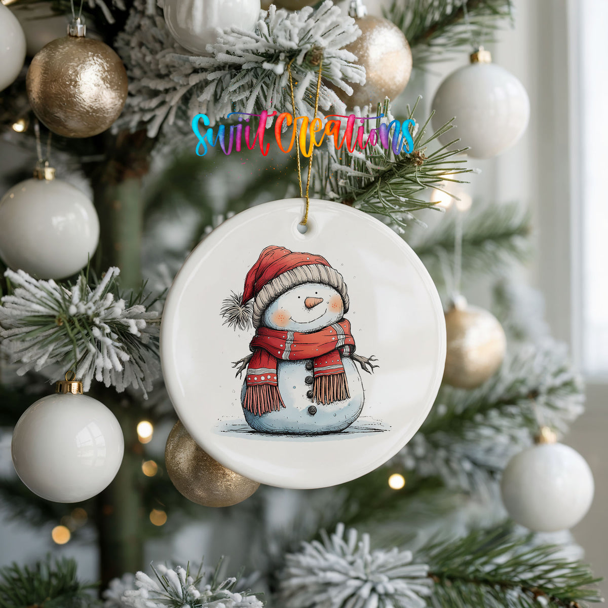 Snowman in Red Hat and Plaid Scarf Christmas ornament product photo