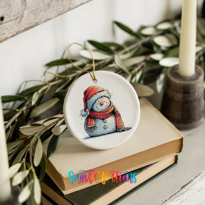 Snowman in Red Hat and Gray Coat Christmas ornament product photo