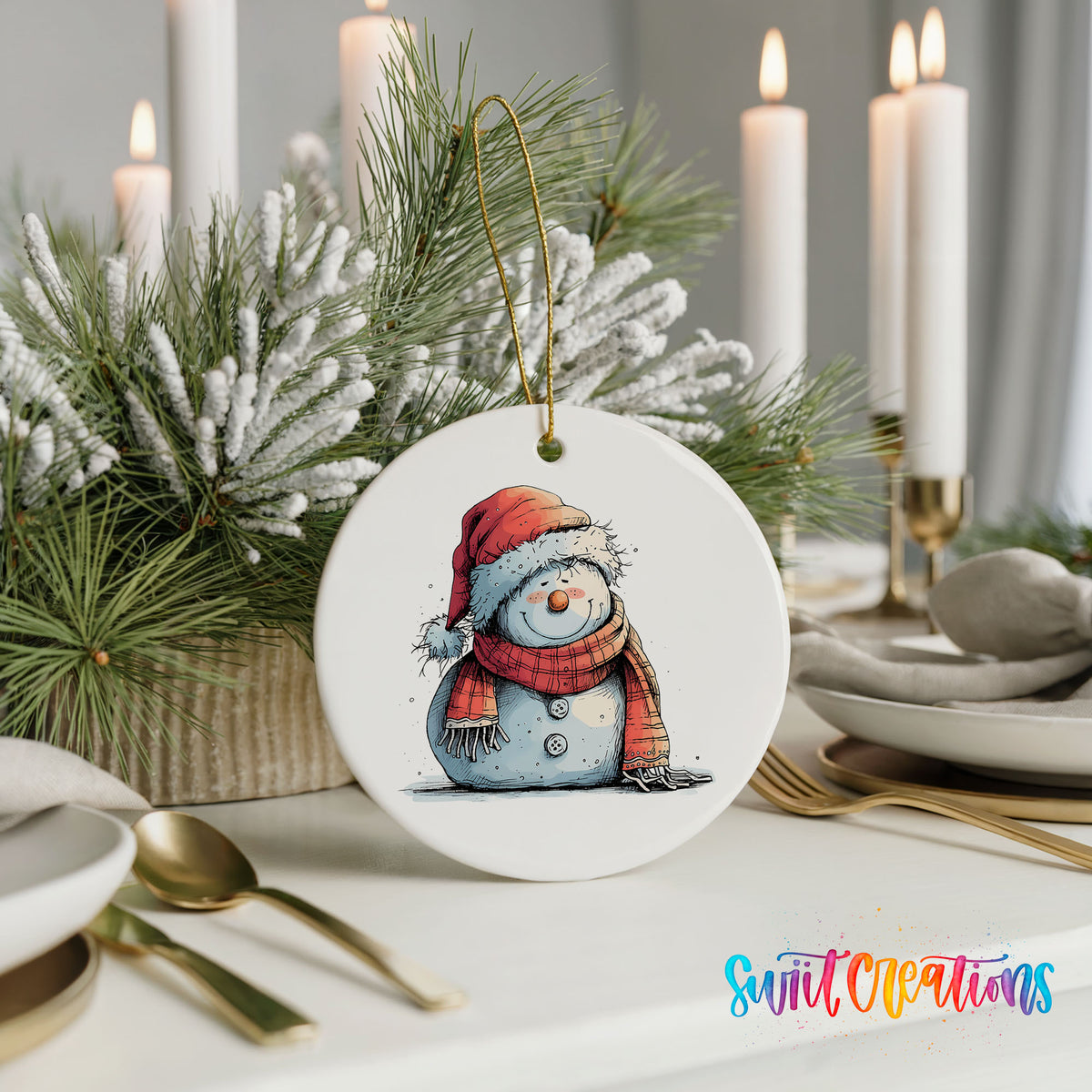 Snowman in Red Hat and Gray Coat Christmas ornament product photo