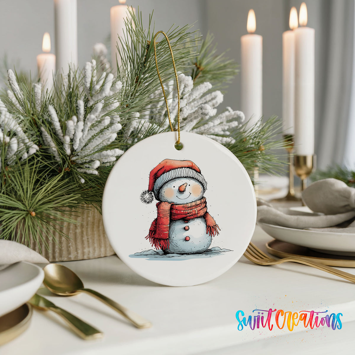 Snowman in Red Scarf and Santa Hat Christmas ornament product photo