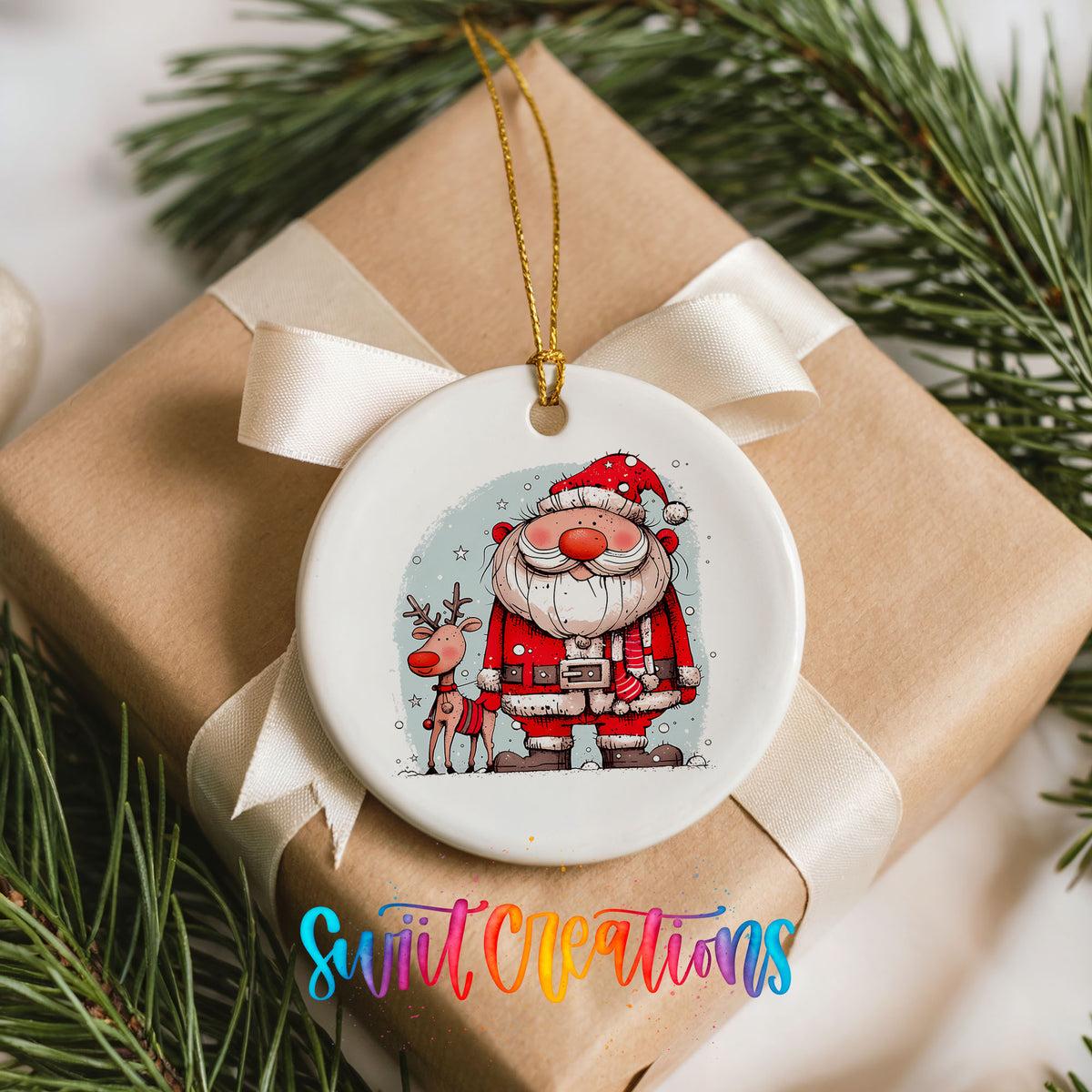 Santa with Reindeer Friends Christmas ornament product photo