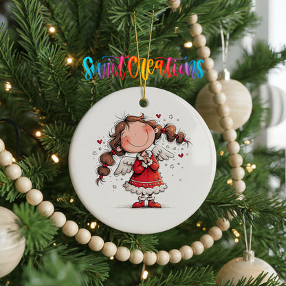 Whimsical Angel Girl in Santa Dress ceramic Christmas ornament holiday product view