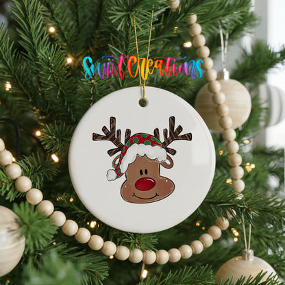Cute Reindeer Face ceramic Christmas ornament holiday product view
