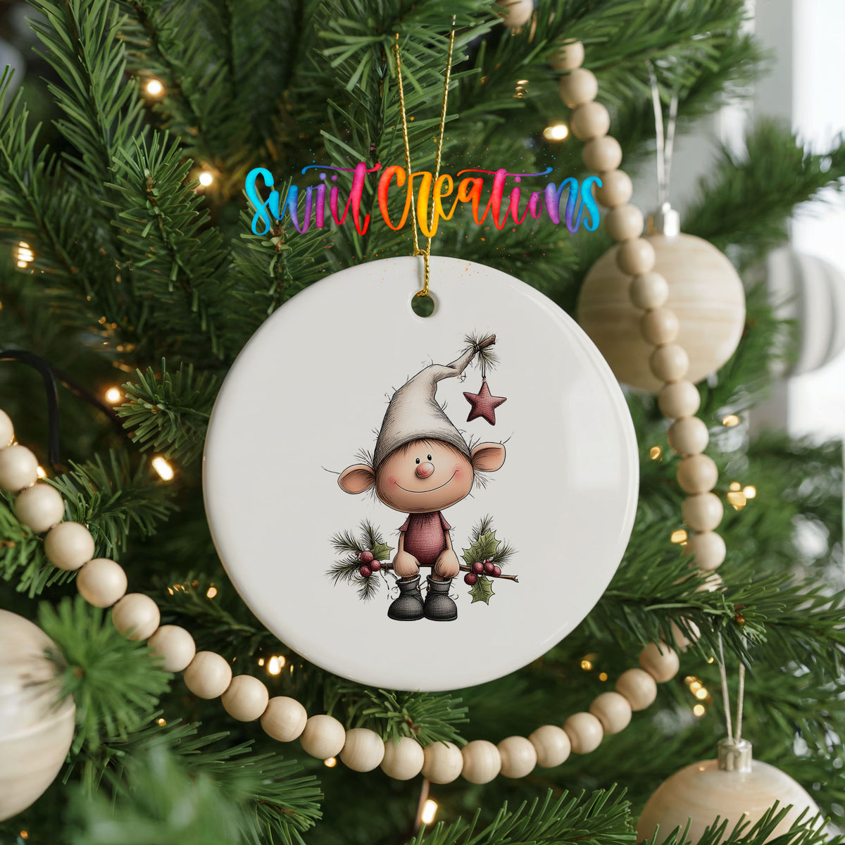 Whimsical Elf with Bunny ceramic Christmas ornament holiday product view