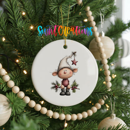 Whimsical Elf with Bunny ceramic Christmas ornament holiday product view