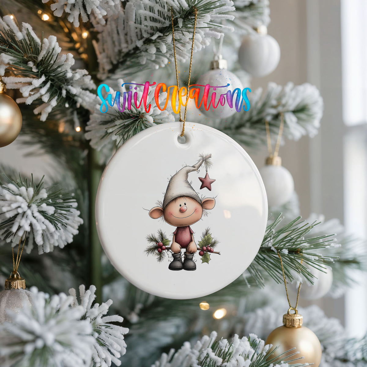 Whimsical Elf with Bunny ceramic Christmas ornament holiday product view