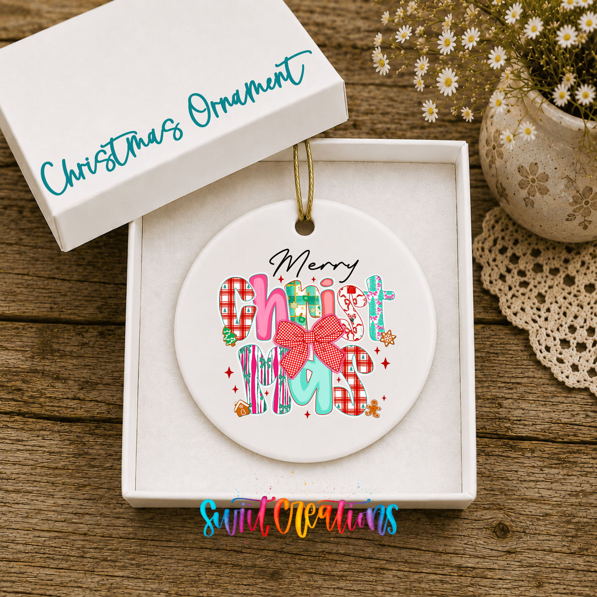 Merry and Bright Colorful ceramic Christmas ornament displayed in gift box