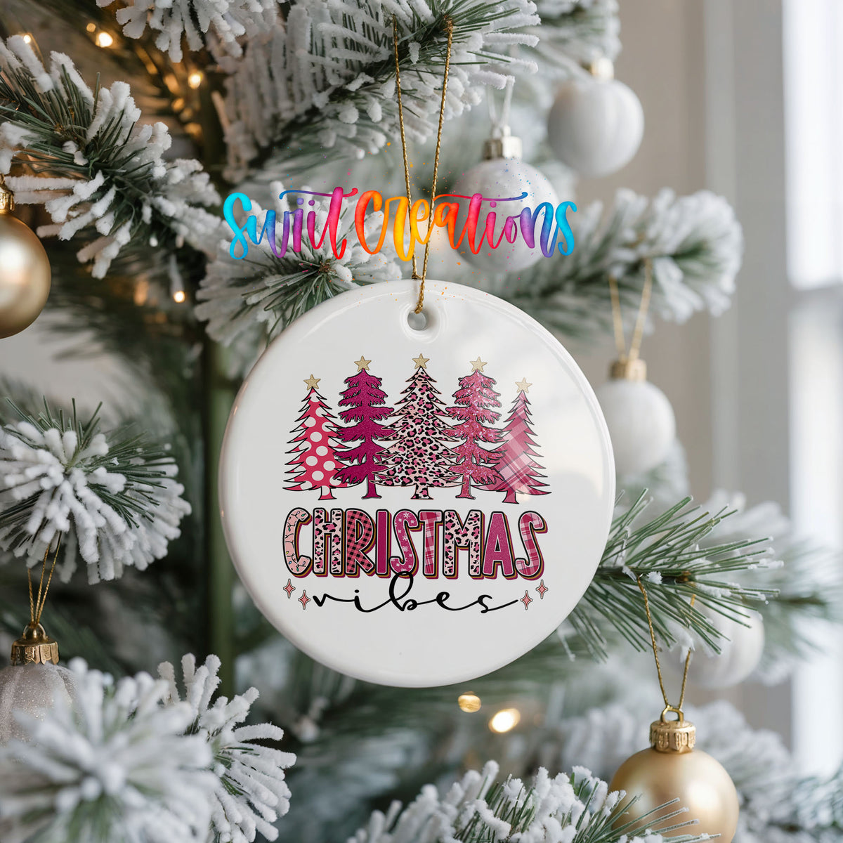 Christmas Vibes Pink Tree ceramic Christmas ornament holiday product view