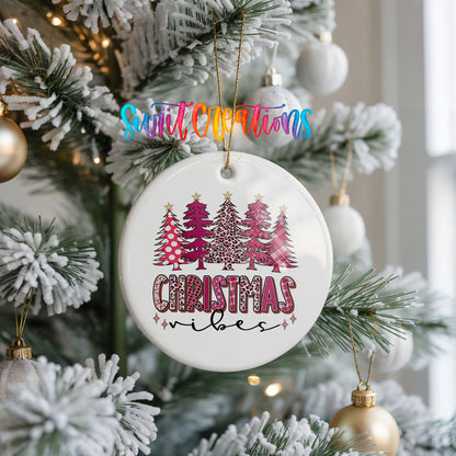 Christmas Vibes Pink Tree ceramic Christmas ornament holiday product view