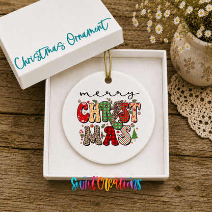 Merry Christmas Retro Typography ceramic Christmas ornament displayed in gift box