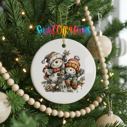 Snowman Family Winter ceramic Christmas ornament holiday product view