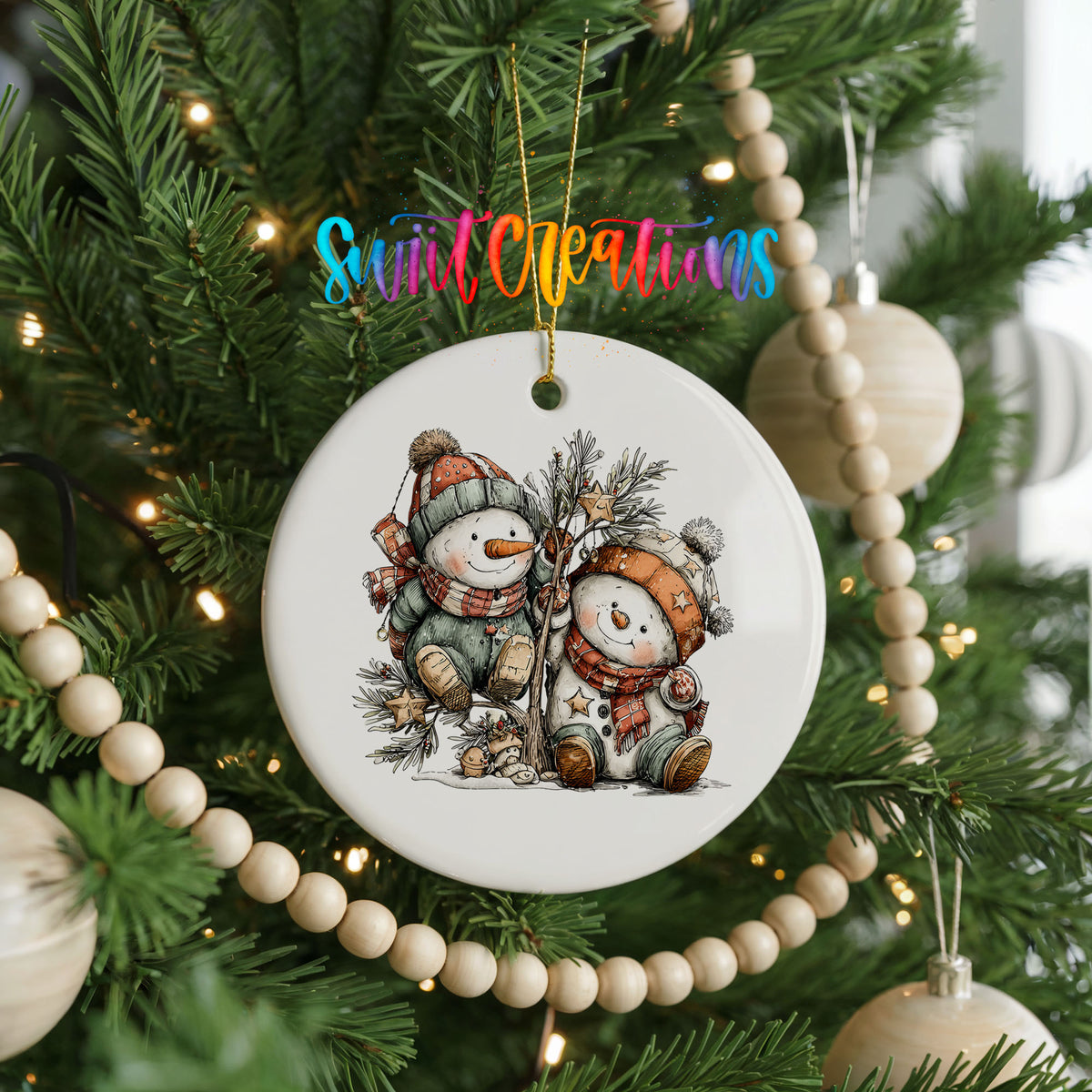 Snowman Couple with Pinecones Winter ceramic Christmas ornament holiday product view