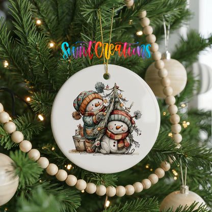Snowman Family with Christmas Tree and Gifts ceramic Christmas ornament holiday product view