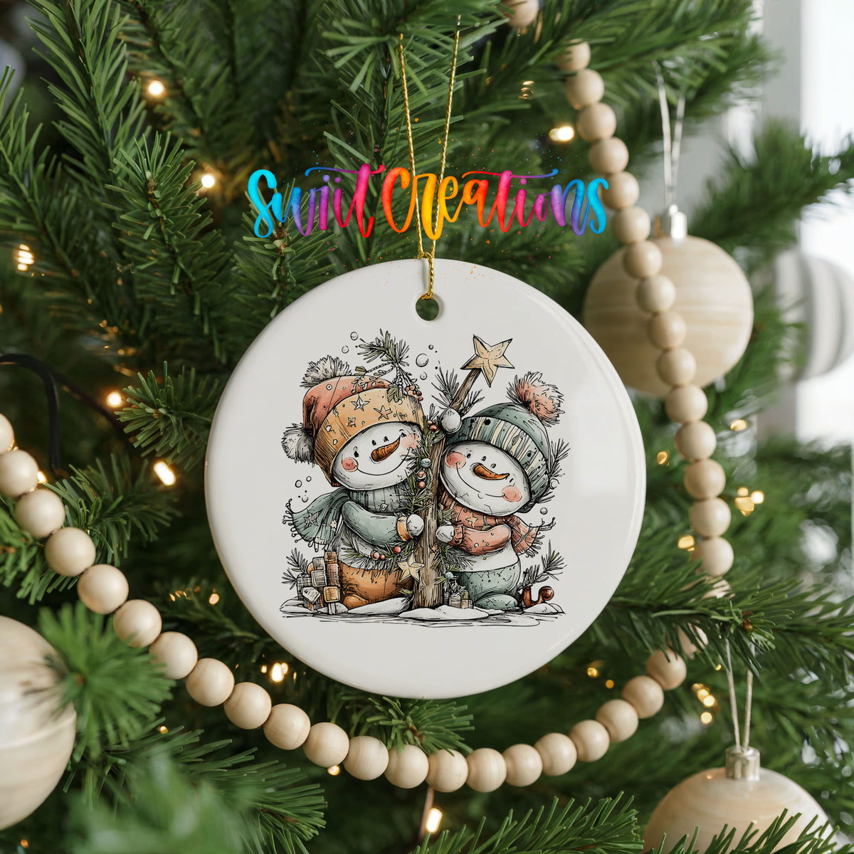 Snowman Couple with Holiday Stars ceramic Christmas ornament holiday product view