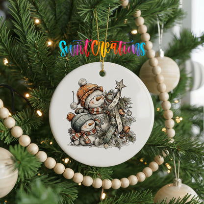 Snowman Family with Evergreen Tree ceramic Christmas ornament holiday product view