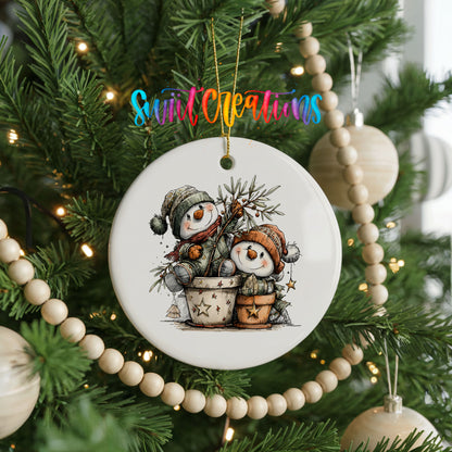 Snowman Couple with Winter Pine ceramic Christmas ornament holiday product view