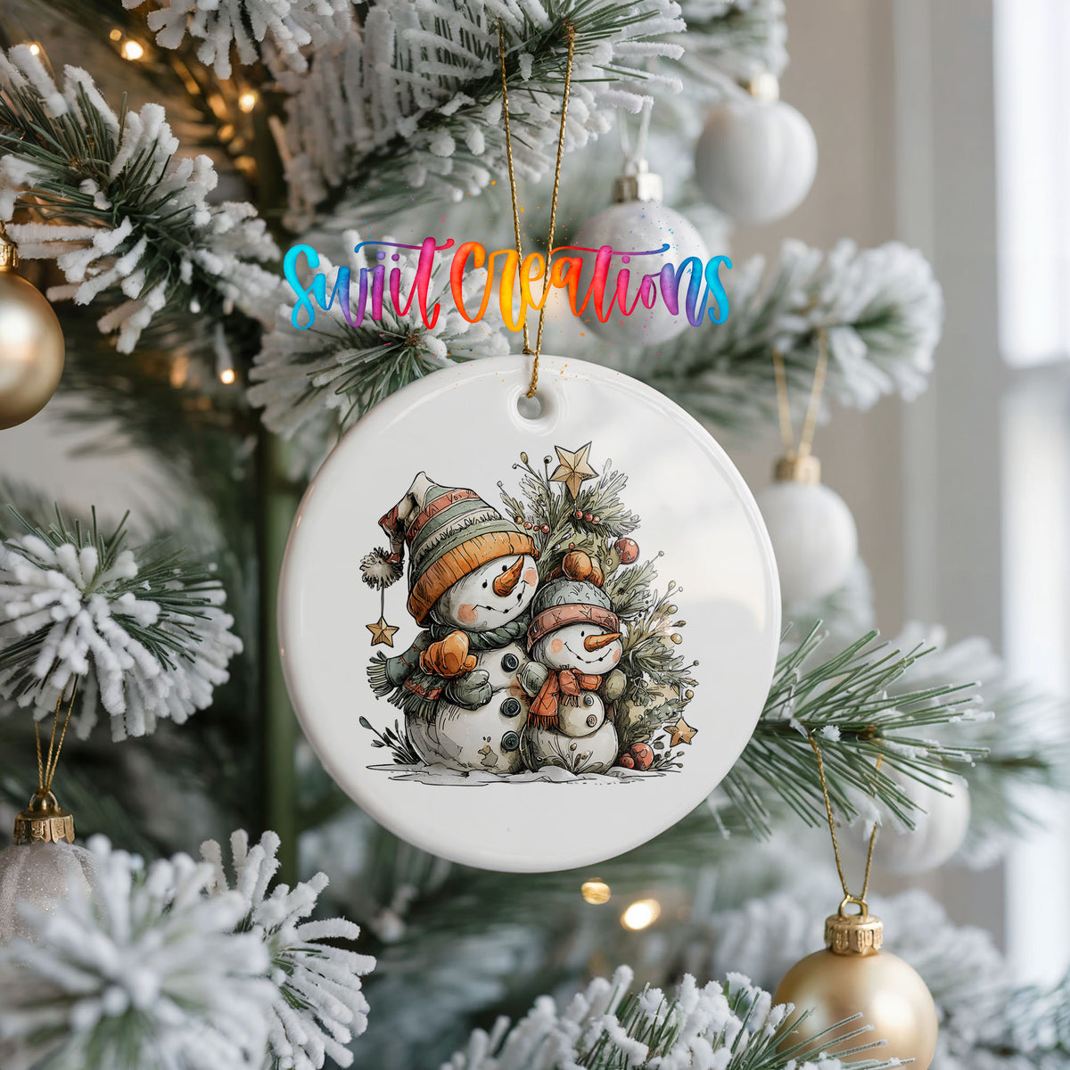 Snowman Family Beside Christmas Tree ceramic Christmas ornament holiday product view