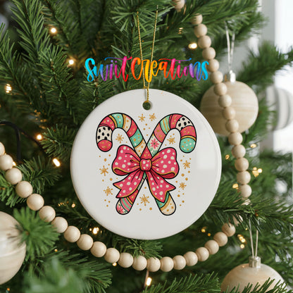 Candy Canes with Pink Bow ceramic Christmas ornament holiday product view