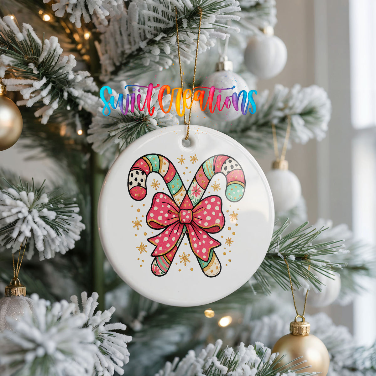 Candy Canes with Pink Bow ceramic Christmas ornament holiday product view