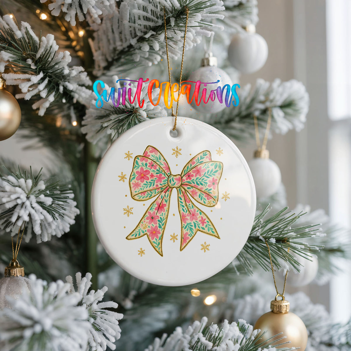 Glitter Christmas Bow ceramic Christmas ornament holiday product view