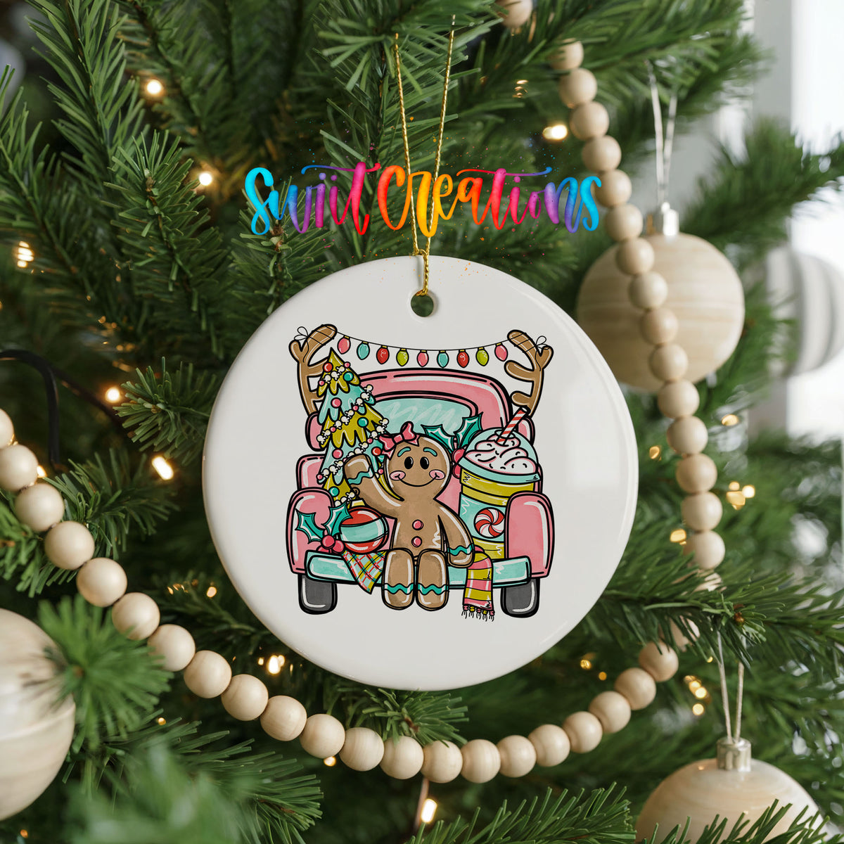 Gingerbread Girl Pink Christmas Truck ceramic Christmas ornament holiday product view