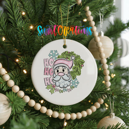 Pink Santa with Holly ceramic Christmas ornament holiday product view