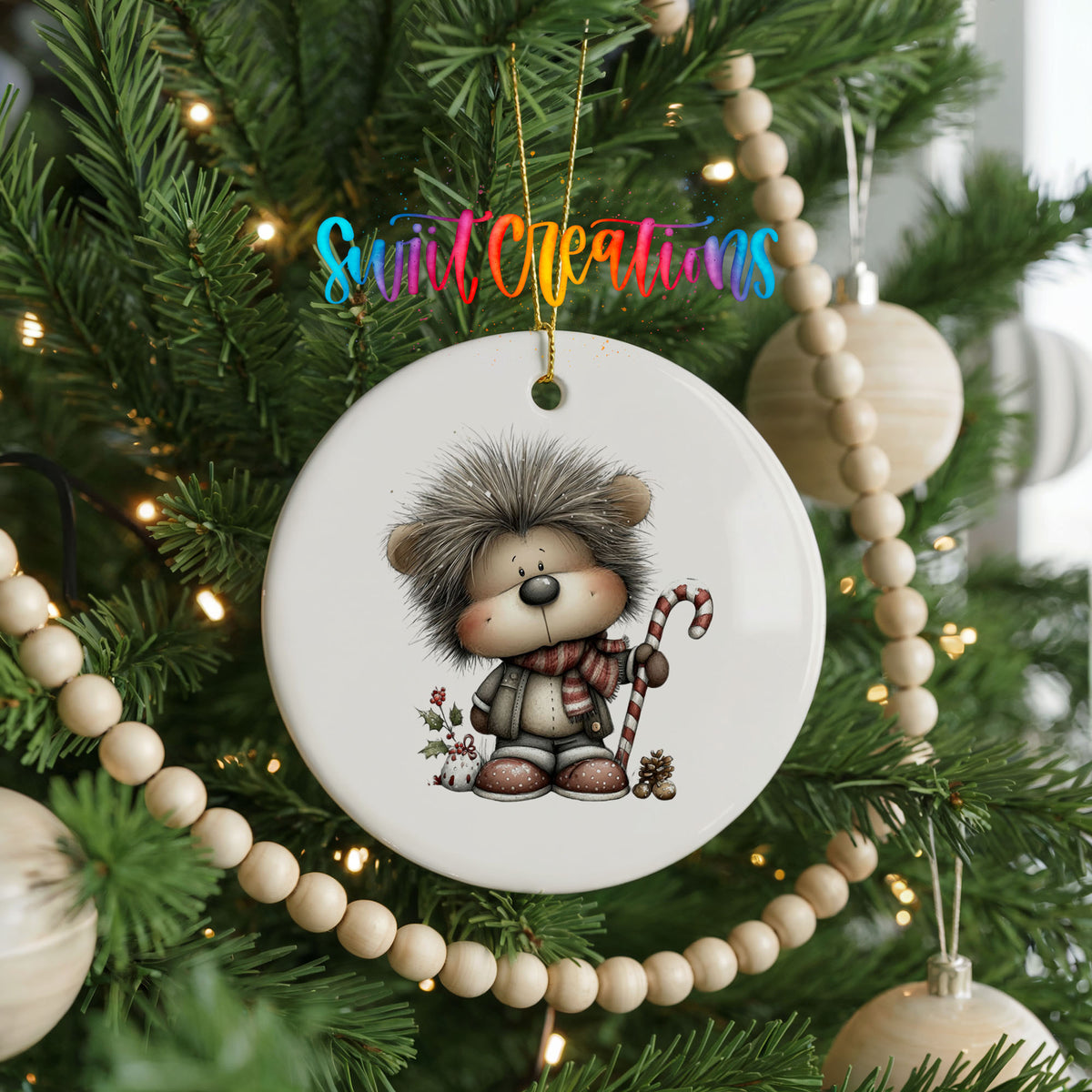 Whimsical Hedgehog with Candy Cane ceramic Christmas ornament holiday product view