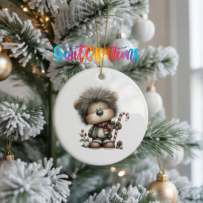 Whimsical Hedgehog with Candy Cane ceramic Christmas ornament holiday product view