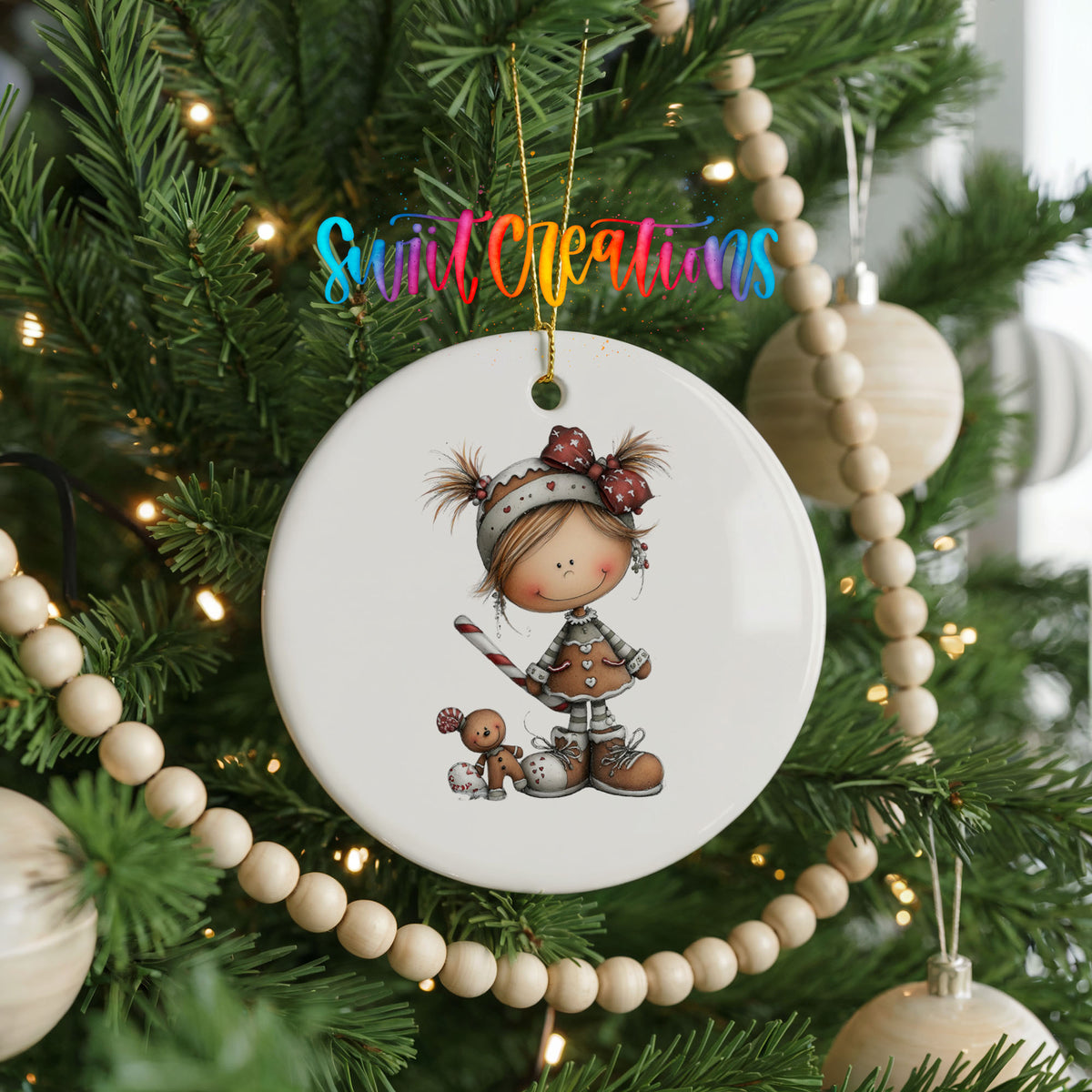 Whimsical Girl with Reindeer Antlers ceramic Christmas ornament holiday product view