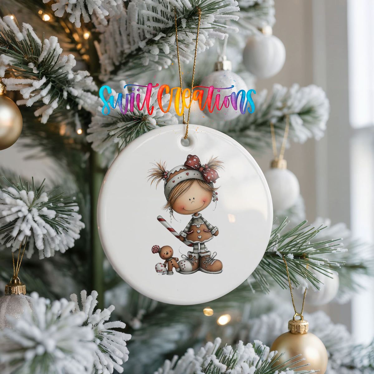 Whimsical Girl with Reindeer Antlers ceramic Christmas ornament holiday product view