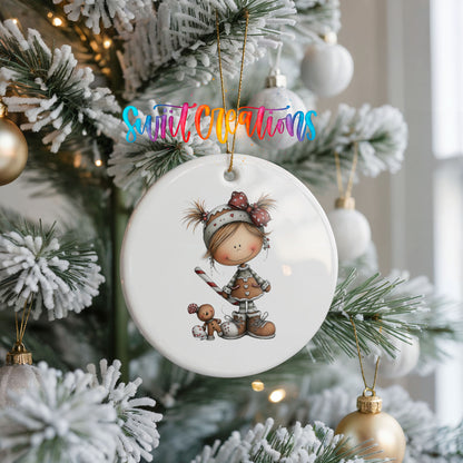 Whimsical Girl with Reindeer Antlers ceramic Christmas ornament holiday product view
