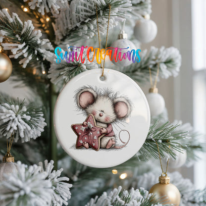 pink mouse holding a star ceramic Christmas ornament hanging on a frosted Christmas tree