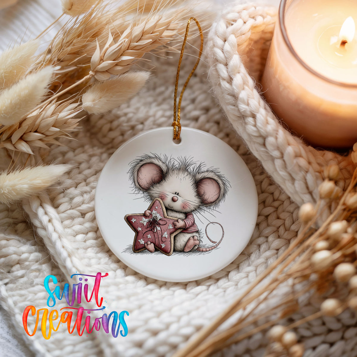 pink mouse holding a star ceramic Christmas ornament styled on a cozy knit blanket