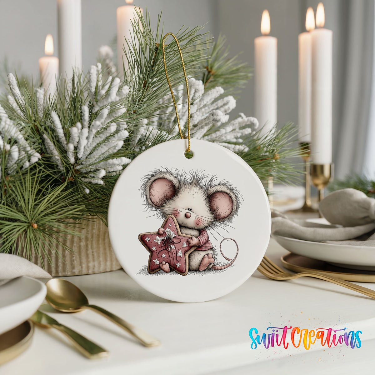 pink mouse holding a star ceramic Christmas ornament shown in a holiday table setting