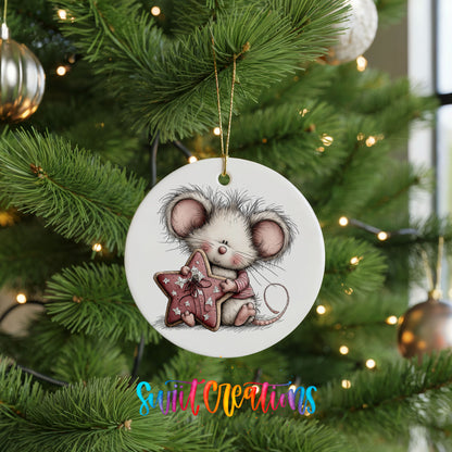 pink mouse holding a star ceramic Christmas ornament hanging on a lit Christmas tree
