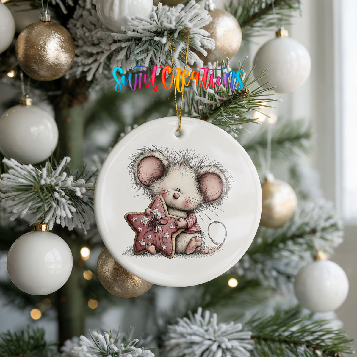 pink mouse holding a star ceramic Christmas ornament hanging on a frosted tree with ornaments