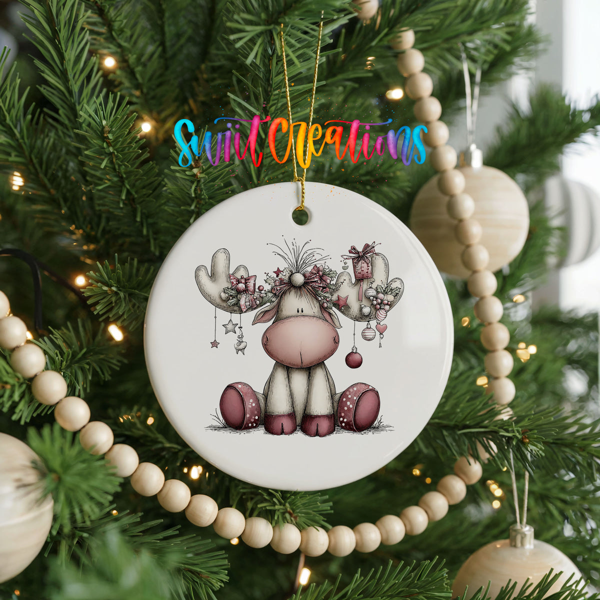pink reindeer with decorated antlers ceramic Christmas ornament hanging on a green Christmas tree