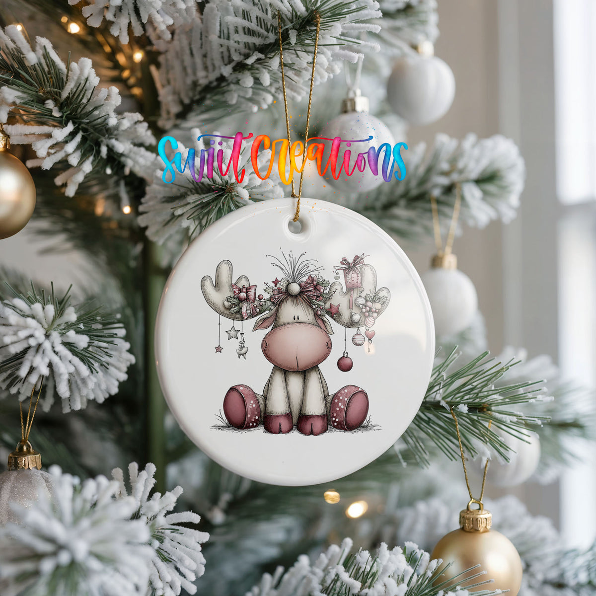 pink reindeer with decorated antlers ceramic Christmas ornament hanging on a frosted Christmas tree